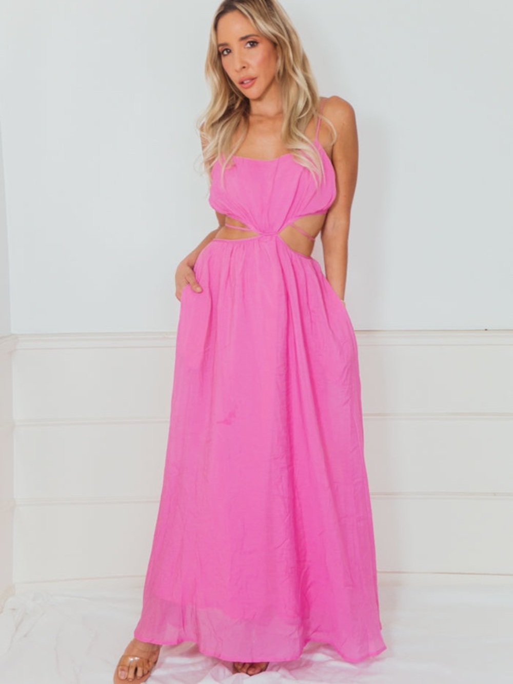 Astr Bright Pink Maxi Dress with Cutout Waist